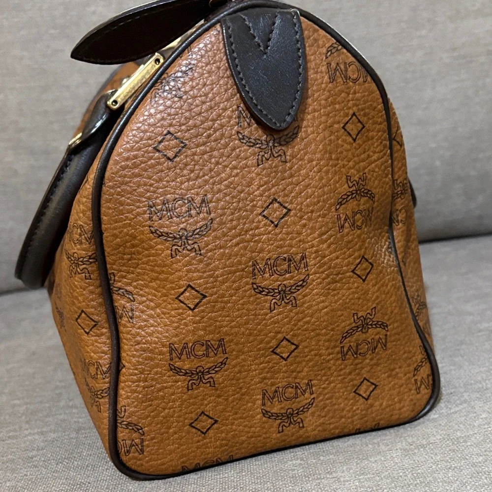 MCM Visetos Brown Boston Bag with Dog Bone Charm